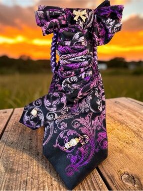Elegant Upcycle Purple & Black Paisley women Tie with Pearl Accents